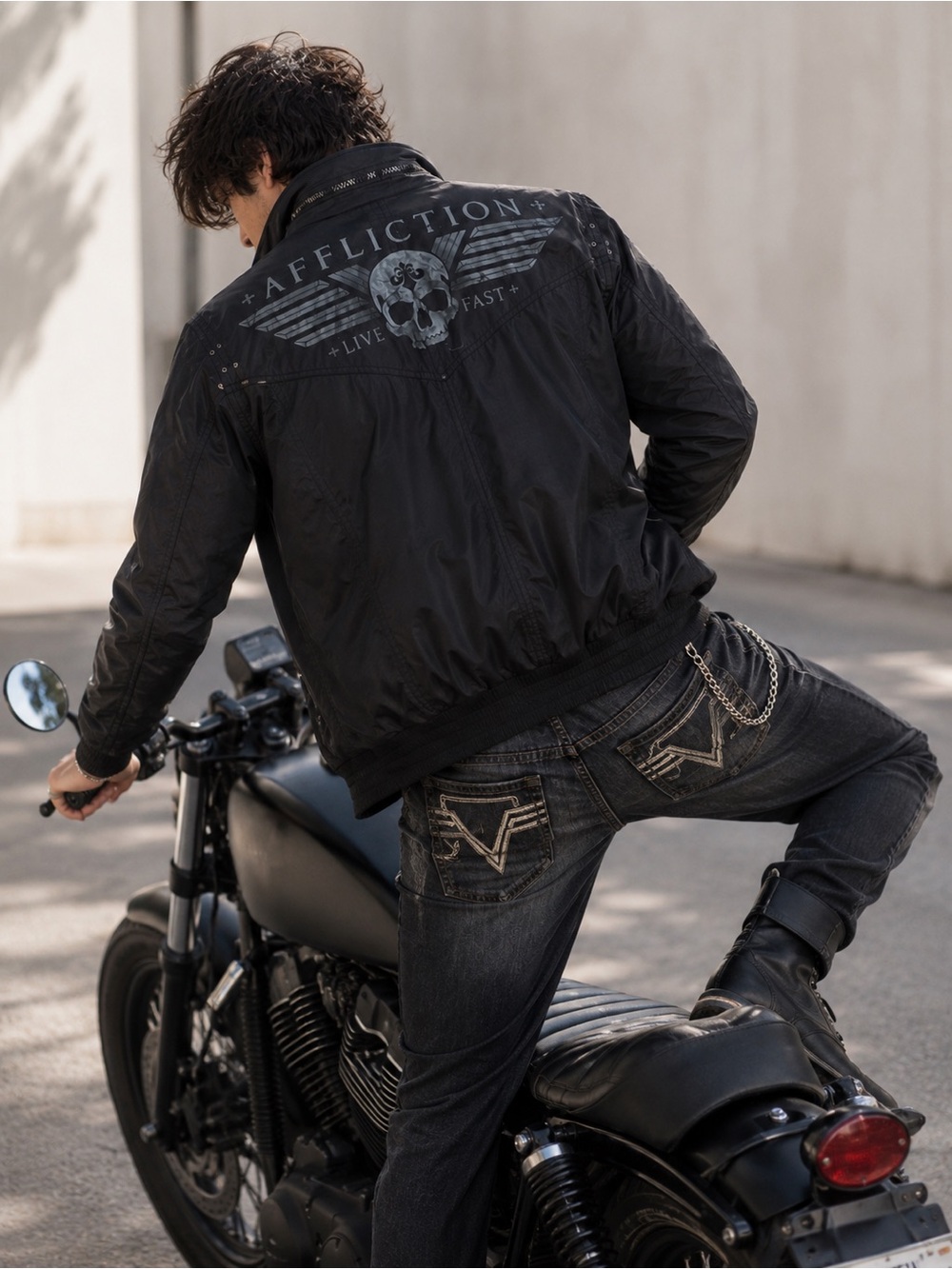 Affliction Mens Black lined Bomber Skull Moto Jacket Live Fast Sz XL